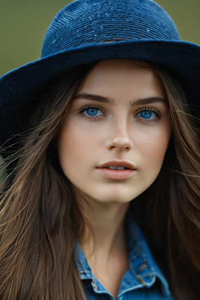 蓝色牛仔衬衫沙滩帽美女图片